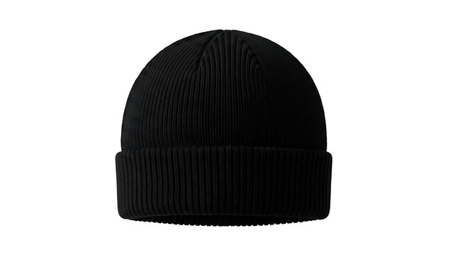Front view of a black ribbed knit beanie hat with cuff isolated on white background.
