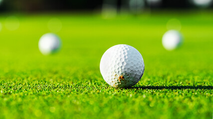 Golf balls line the green on a sunny day at a luxury course