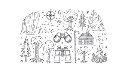 Obraz premium Outdoors adventure elements illustration mountains trees campfire and binoculars