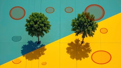 Colorful Block Background Double Tree Art Illustration
