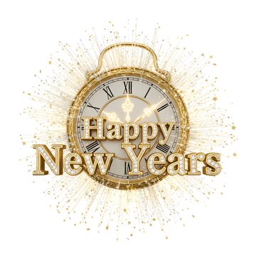 Golden Happy New Year clock striking midnight with sparkling fireworks