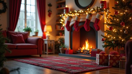 Obraz premium Photorealistic / cozy lifestyle photo: `Photorealistic Christmas postcard image of a traditional British sitting room, fireplace with hanging stockings, realistic glowing fairy lights on the tree, wra