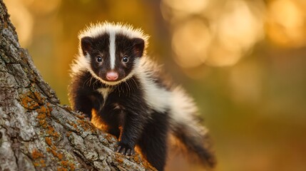 Adorable Baby Skunk Climbing a Tree in Autumn Sunlight.