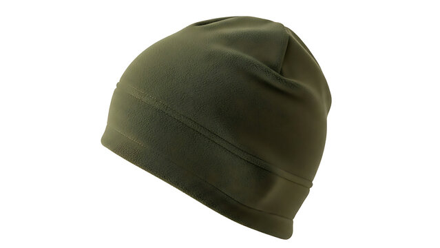 Olive green tactical fleece beanie hat isolated on white background.
