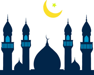 Ramadan Kareem Blue Night Scene with Mosque and Moon Silhouette.