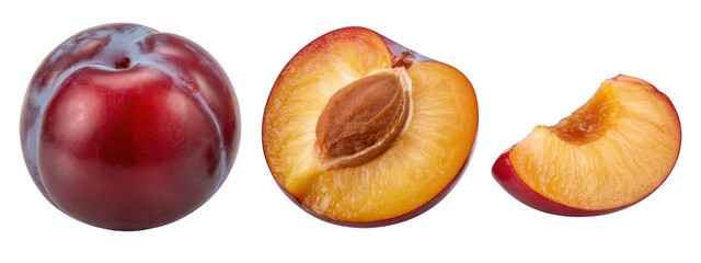 Plums and plum slices fruit fresh isolated on a transparent background