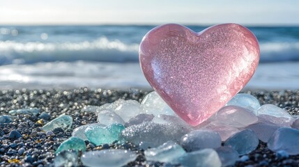 Fototapeta premium A polished rose quartz heart sculpture sparkles with soft pink light surrounded by sea glass on a pebble beach with ocean waves in the background