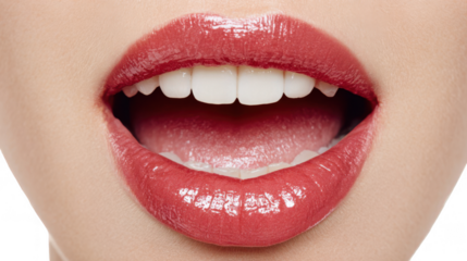 Close up of glossy red lips slightly open, revealing white teeth and tongue, isolated on a transparent background, creating a striking image of beauty and sensuality