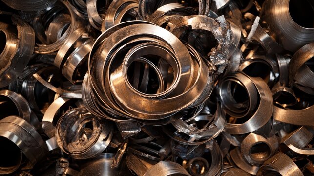 A pile of twisted salvaged metal steel and aluminum components forming a textured industrial background