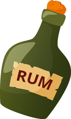 Green rum bottle with a cork stopper and a label reading RUM