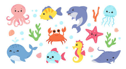 Cute sea animal cartoon. Aquatic marine life, underwater children character or ocean creatures vector illustration. Dolphin and octopus, crab and seahorse, aquarium or undersea wildlife elements © Ukio.stock
