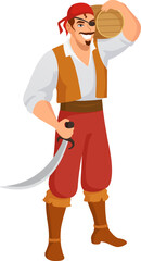 Pirate character standing proudly carrying barrel and sword