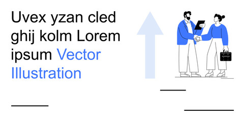 Business collaboration, teamwork, partnership, growth strategies, professional communication, career development. Two people shaking hands with a growth arrow. Business collaboration and teamwork