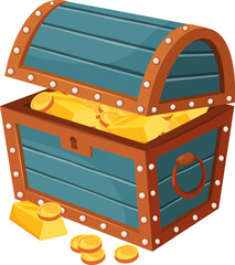 Wooden treasure chest overflowing with golden bars and coins
