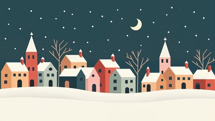 Minimalist / flat design: `Flat geometric illustration of a snowy English village skyline for a Christmas postcard, blocky houses, stylized church, night sky with a crescent moon, muted pastel winter 