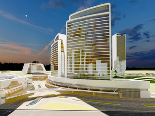 Futuristic Mixed-Use Towers in Modern Urban Plaza &ndash; 3D Rendering