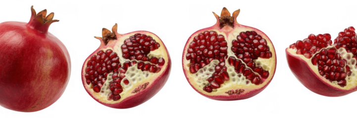 Pomegranates cut open to show seeds fruit isolated on a transparent background