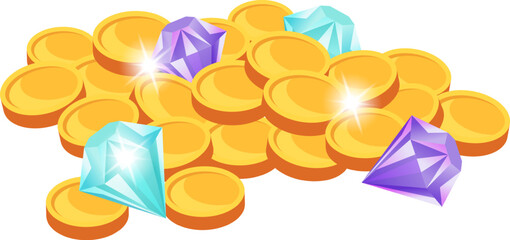 Gold coins and sparkling gems illustrating treasure wealth