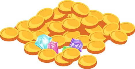 Pile of gold coins and colorful gems representing wealth