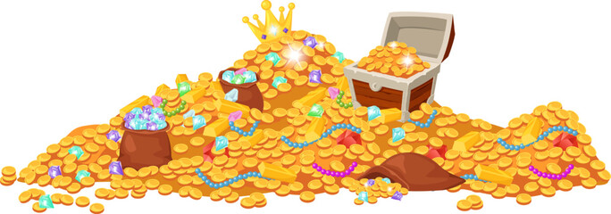 Pirate treasure chest overflowing gold coins and gems