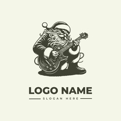 A vector illustration of Santa Claus playing an electric guitar with a logo and slogan on a plain background.