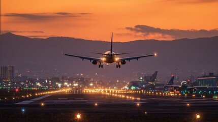 Plane approaching landing, city lights glow under dusky orange sky
