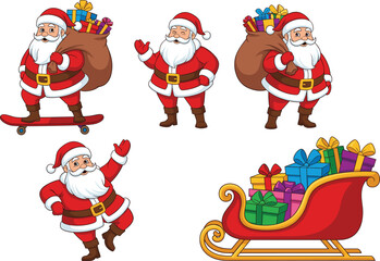 Christmas Santa Claus Vector Illustration Set with Gifts Sleigh and Festive Cartoon Characters for Holiday Greeting Cards and Seasonal Designs