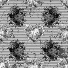 Beautiful rose and heart pattern printed on fabric black and white