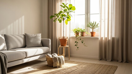 A serene living room scene with a sofa, plants, and natural light pouring in through the window