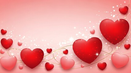 Floating Glossy Red and Pink Hearts with Gold Strings on Soft Pink Gradient Background