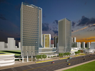 Modern Urban Skyline with High-Rise Towers at Dusk. 3D Rendering