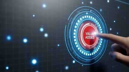 Glowing blue and red digital interface with hand interaction in futuristic technology setting with blue lights and dark background