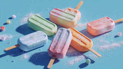 Colorful popsicle with various flavors on the table. A summer treat on a bright blue background