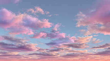 Fototapeta premium A mesmerizing panorama of a celestial canvas adorned with clouds in hues of pink and blue, portraying serenity and tranquility.