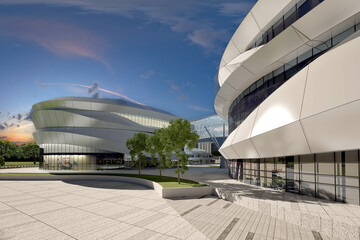 Modern Urban Skyline with High-Rise Towers at Dusk. 3D Rendering