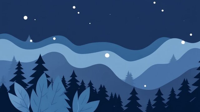 Starry Night Forest Landscape: Peaceful Blue Mountains & Pine Trees Under a Celestial Sky. Serene Nature Vector