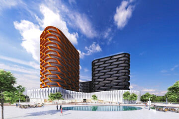 Modern Urban Skyline with High-Rise Towers at Dusk. 3D Rendering