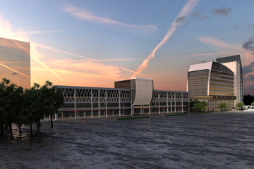 Modern Urban Skyline with High-Rise Towers at Dusk. 3D Rendering