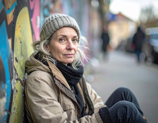 Bezdomna kobieta siedzi na ulicy