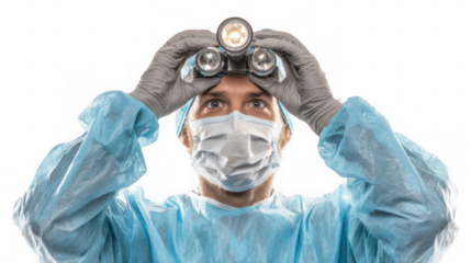 Close up of female surgeon adjusting headlamp while wearing surgical mask, gloves, and cap, against a transparent background, ready for operation