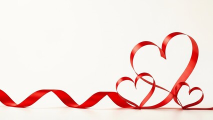 Glossy Red Satin Ribbon Curled into Heart Shape on White Background