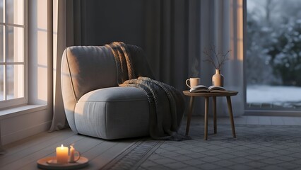 Fototapeta premium Cozy Modern Living Room Corner with Sunlight, Throw Blanket, Candle, and Decorative Vases for Stylish Home Decor and Relaxation Spaces