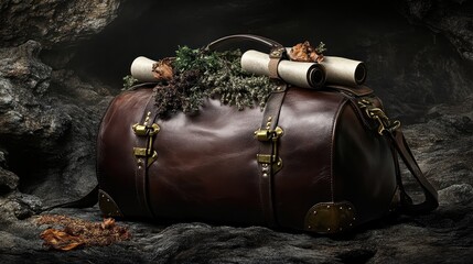 A textured dark brown leather satchel bag with brass buckles and rolled scrolls overflowing with greenery rests on a textured surface
