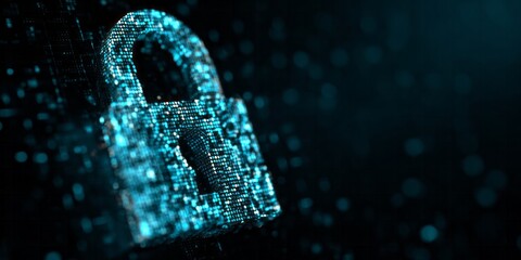 Digital padlock constructed from glowing binary code hovers in dark space