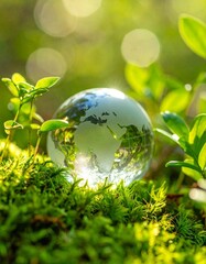 Gl&auml;serne Erde im gr&uuml;nen Wald &ndash; Symbol f&uuml;r Nachhaltigkeit