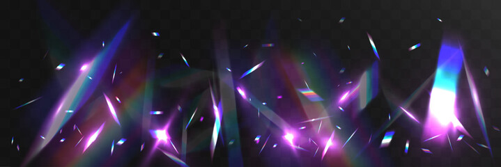 Abstract prismatic crystal light flares and neon reflections creating futuristic sparkle effect with glowing shards on dark background.