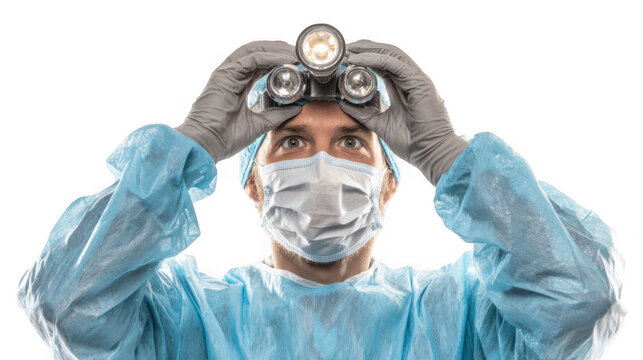 Close up of female surgeon adjusting headlamp while wearing surgical mask, gloves, and cap, against a transparent background, ready for operation