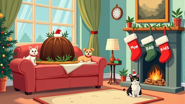 Cartoon / whimsical style: `Whimsical illustrated Christmas postcard of a British living room, playful proportions, oversized Christmas pudding on a table, pets wearing tiny Santa hats, stockings labe