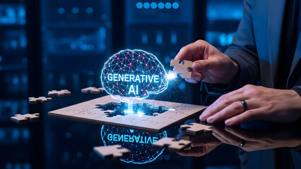 Person assembling puzzle with Generative AI glowing brain concept