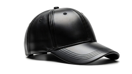 Obraz premium Side view of a sleek black leather baseball cap isolated on white background. 